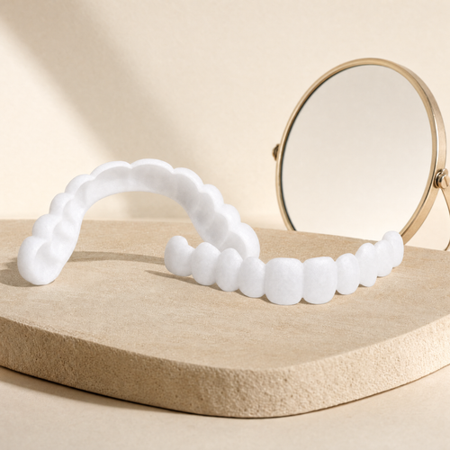 Upper and lower clip-on veneers with a hand mirror